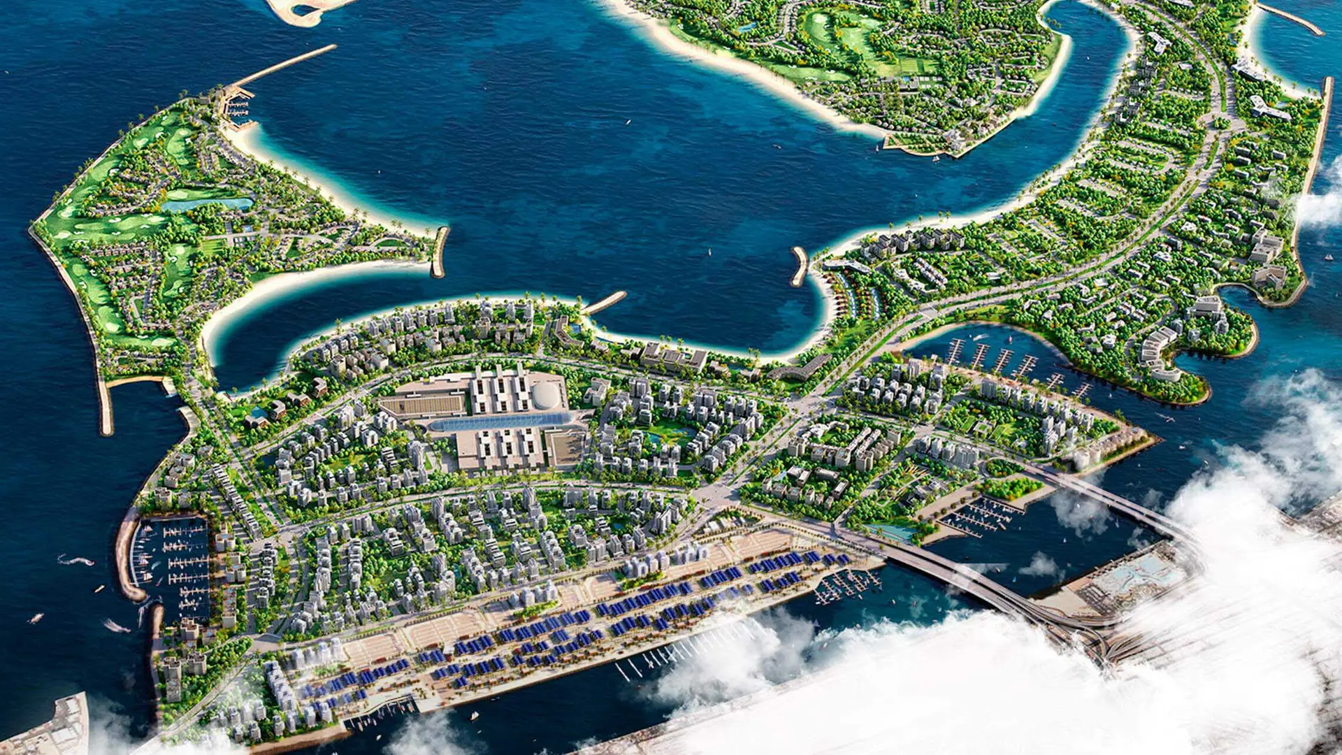 An aerial view of Dubai Islands showcasing lush greenery, pristine beaches, and luxurious residential areas surrounded by blue waters.